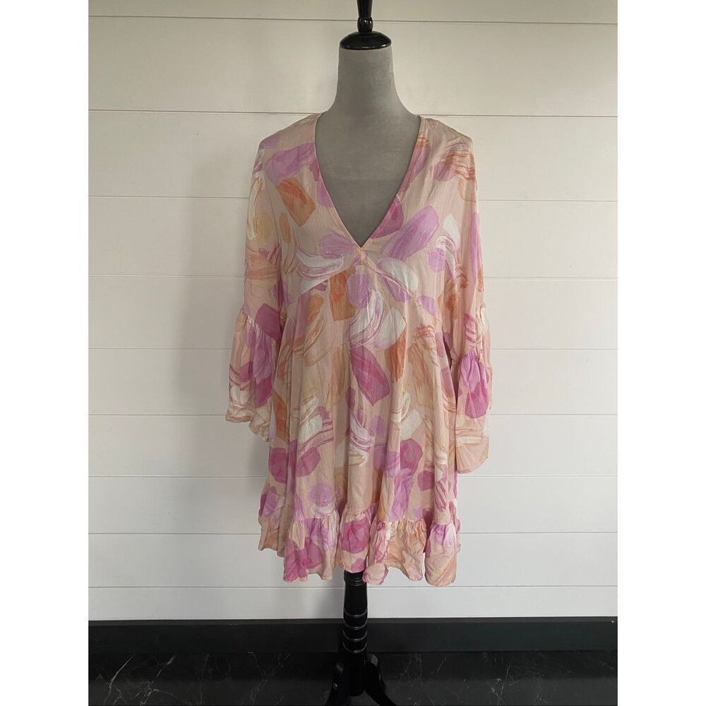 Label Of Love V-Neck Ruffle Bell Sleeve Mini Tunic Dress Short Boho Fairy Medium - Picture 2 of 13